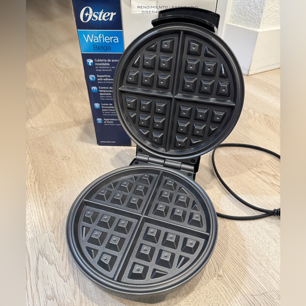 Gently Used Oster Non-stick Stainless Steel Silver/Black 8” Belgian Waffle Maker